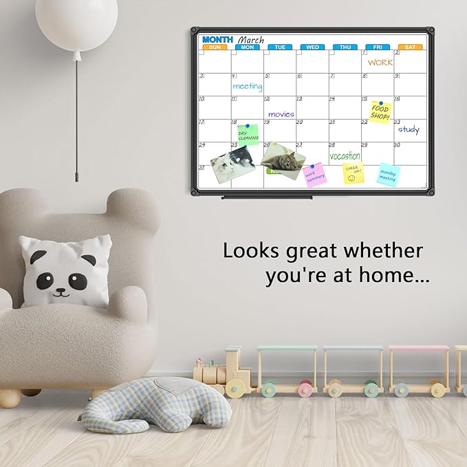 JILoffice Dry Erase Calendar Whiteboard - Magnetic White Board Calendar Monthly 24 X 18 Inch, Black Aluminium Frame Wall Mounted Board for Office Home and School