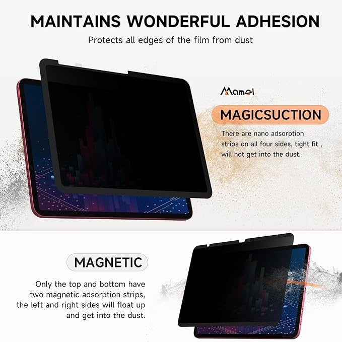 Mamol Upgrade 360° Privacy Screen Protector for Apple iPad Pro 13 inch 7th M4 2024/ 8th M5 2025, Magicsuction 4-Way Anti Spy Glare Blue Light Filter, High Sensitive/Bubble Free/Reusable