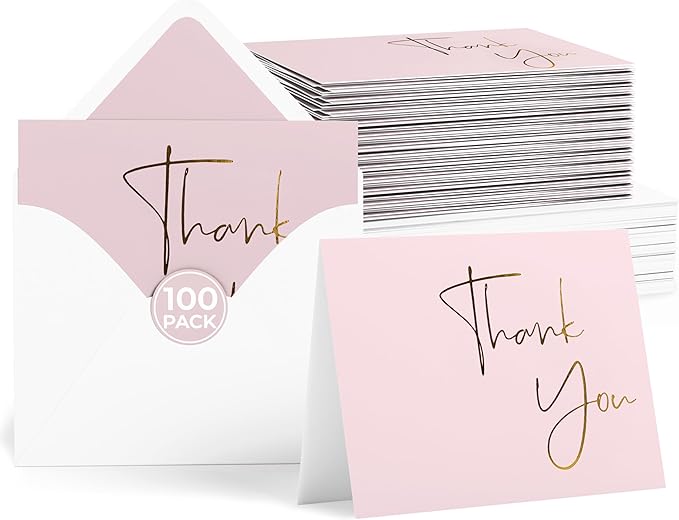 VNS Creations Gold Foil Thank You Cards With Envelopes Bulk Set & Stickers - 100 Pack 4x6 Blank Thank You Notes Box Set - Large Note Card Small Business, Wedding, Baby Shower & Bridal Shower - Lilac