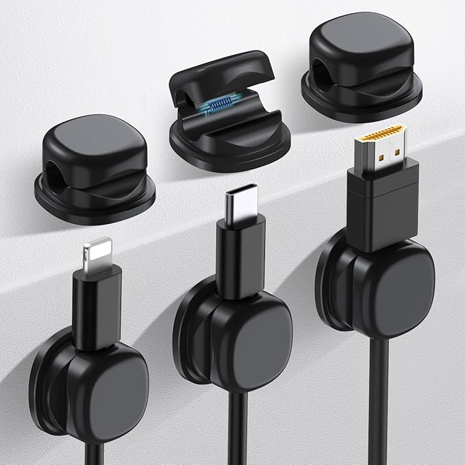 AhaStyle Spring Cable Organizer [1s Lock] 6 Pack Cord Cable Holders Clips Strong Adhesive Cable Cord Keeper [Smooth Adjustable] Hide Wire Cord Organizer for Nightstand Kitchen Car Office (Black)