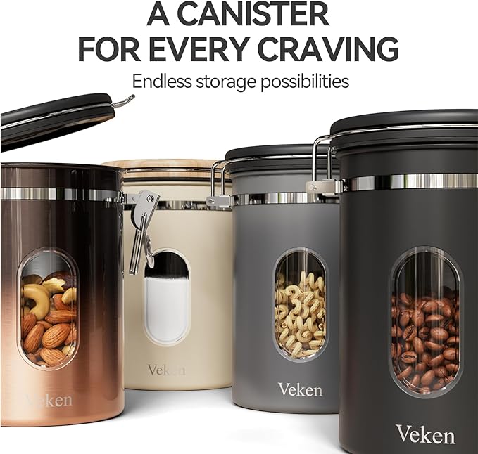 Veken Coffee Canister with Window,Airtight Stainless Steel Pantry Container,Home Kitchen Food Storage Organizers for Ground,Beans,Espresso,Rice,Tea,Sugar,Cereal, Flour,Bar Accessories,Gifts,22OZ,Black