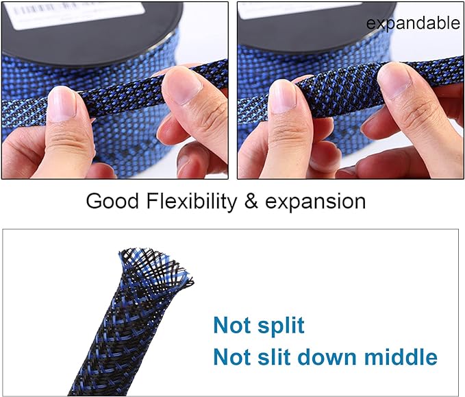 100ft - 3/8 inch PET Expandable Braided Sleeving – BlackBlue – Alex Tech Braided Cable Sleeve