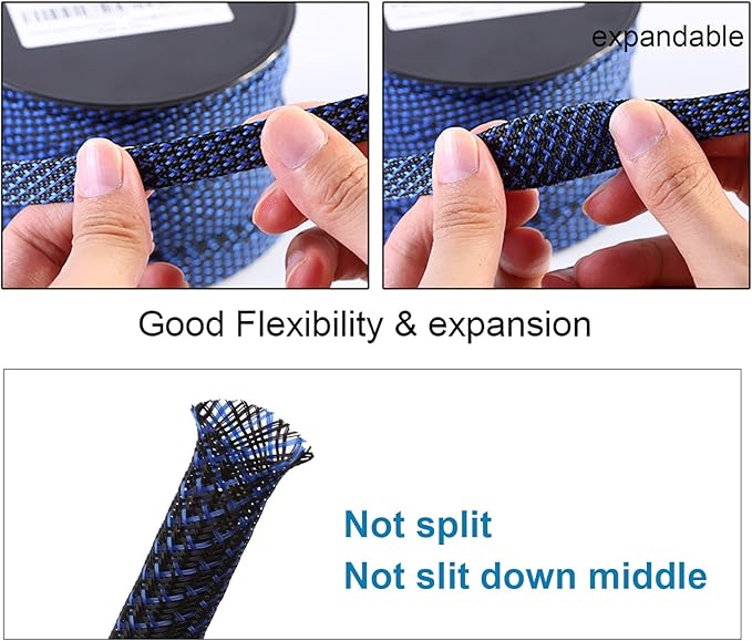 25ft - 3/8 inch PET Expandable Braided Sleeving – BlackBlue – Alex Tech Braided Cable Sleeve