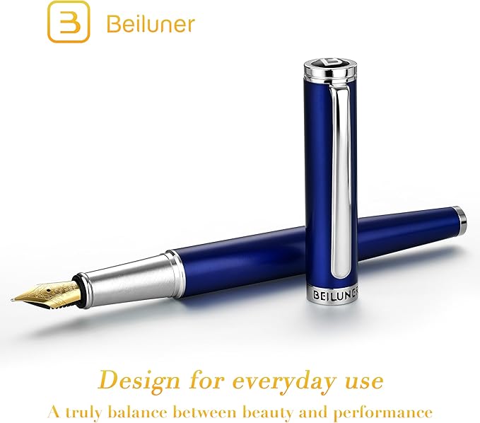 BEILUNER Luxury Fountain Pen Set,Solid 24K Gilded Medium Nib, Modern Classic Limited Edition -Includes 6 Ink Cartridges&Ink Refill Converter with Gift Case-Perfect for Men and Women（Charming blue）