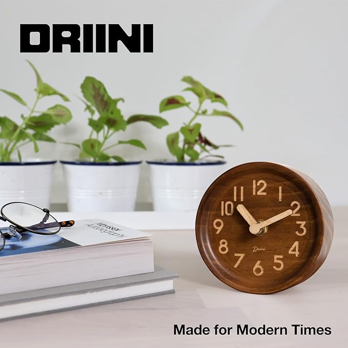 Driini Wooden Analog Desktop Clock – 4.3 in. Decorative Pinewood, No-Tick Design – Easy to Read Silent Sweep Mantle Clock – Quiet Tabletop Clocks with Wood Body, Hands, & Battery Cover; Dark