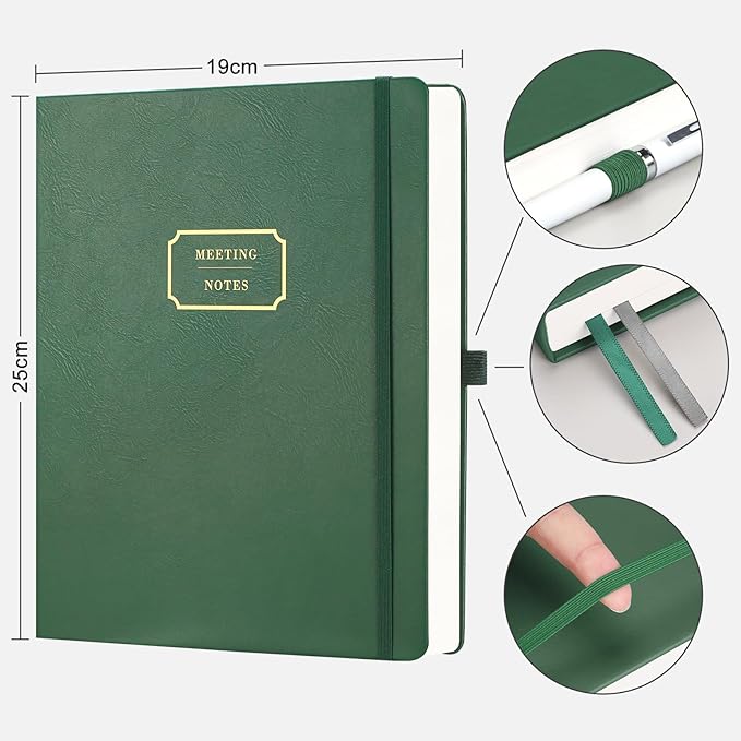 EMSHOI Meeting Notebook for Work with Action Items - 320 Pages B5 Thick Project Planner Agenda Organizer Work Notebook for Women Men Office Business, PU Leather Hardcover, 7.5" x 10", Dark Green