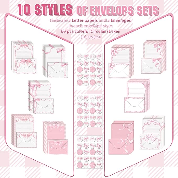TaoBary 160 Pcs Stationery Paper Set 50 Double Sided Stationery Papers with 50 Matching Envelopes and 60 Round Dot Sticker, 10 Design(Pink Bow,5.5 x 8.25 Inch)