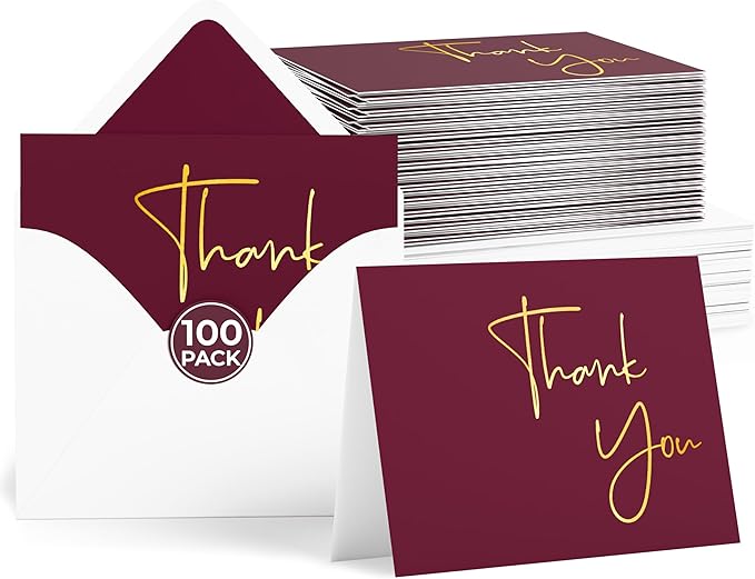 VNS Creations Gold Foil Thank You Cards With Envelopes Bulk Set & Stickers - 100 Pack 4x6 Blank Thank You Notes Box Set - Large Note Card Small Business, Wedding, Baby Shower & Bridal Shower - Wine