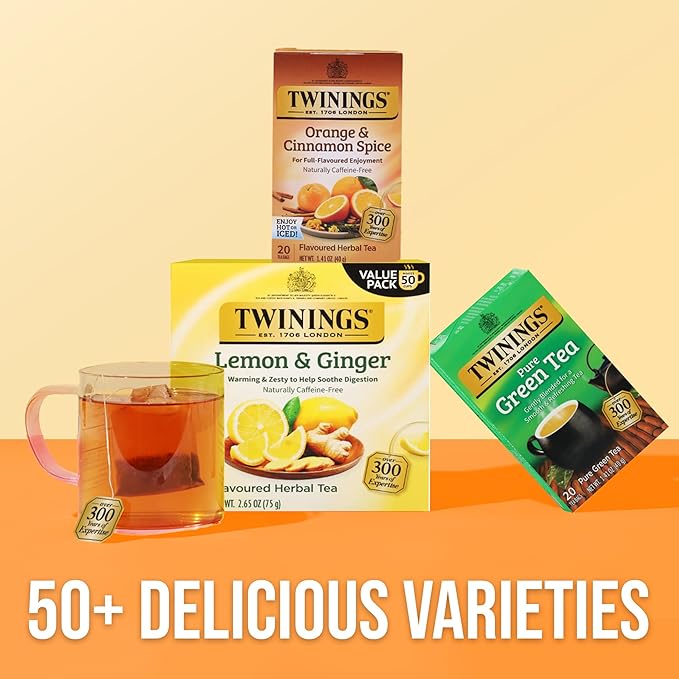 Twinings Orange & Cinnamon Spice Herbal Tea Individually Wrapped Bags, 20 Count (Pack of 2), Naturally Caffeine-Free, Enjoy Hot or Iced, 20 Teabags