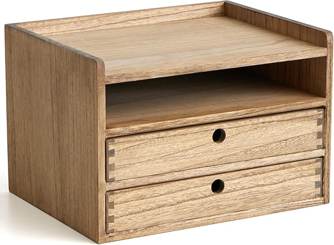 KIRIGEN Desktop Organizer Cabinet With 2 Drawers & Tray - Wood Office Desk Storage Shelf for Office Supplies - Small Cabinet for Countertop Accessories Storage 3 Layer Dark Brown（DT3D2C-DBR）