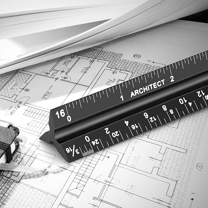 12" Architectural Scale Ruler Aluminum Architect Scale Triangular Scale Ruler for Architects, Draftsman, Students and Engineers, Black