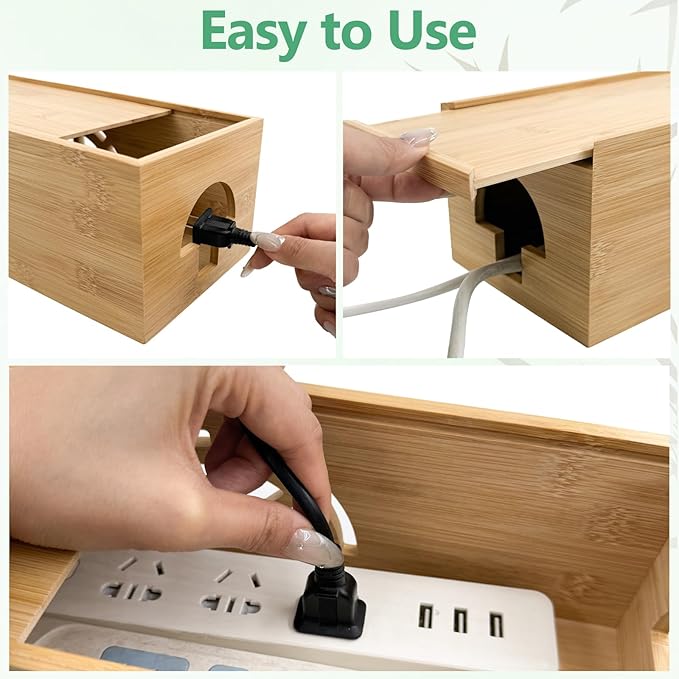 Bamboo Cable Management Box,Extra Large Cord Organizer Box,Power Strips Hider,Plug Strip Cord Box,Outlet Holder,Cords Concealer,Wires Covers,Desk & Floor Tidy Solution (Sliding lid)