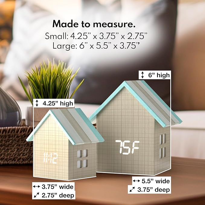 Driini Digital House Shaped Alarm Clock with Temperature Display (Stripe Wood) – Modern Aesthetic - Cute Cube Frame and White LED Dimmer - Perfect Large Desk Clock for Bedside Table or Bedroom Mantle