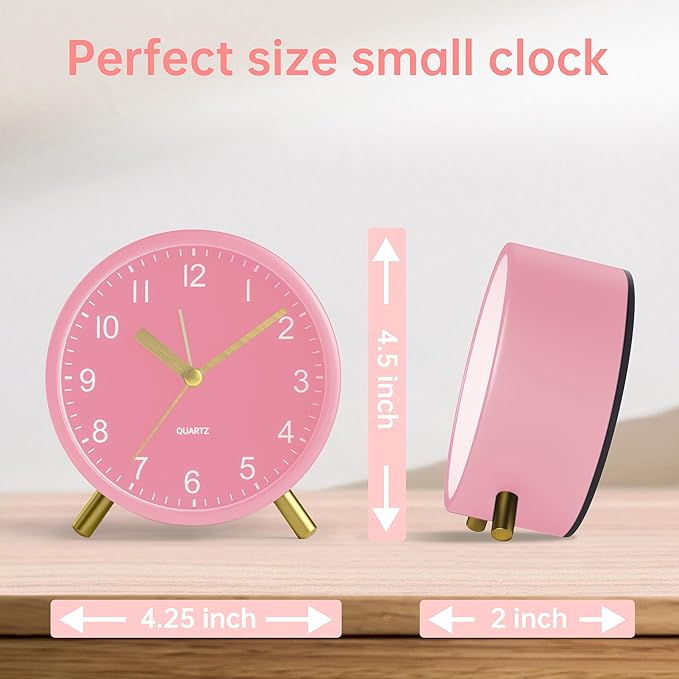Analog Alarm Clock, 4 inch Super Silent Non Ticking Small Clock with Night Light, Battery Operated, Simple Design, easy setting for Office, Bedroom, Bedside, Desk, teens, elders, kids, adult, Pink