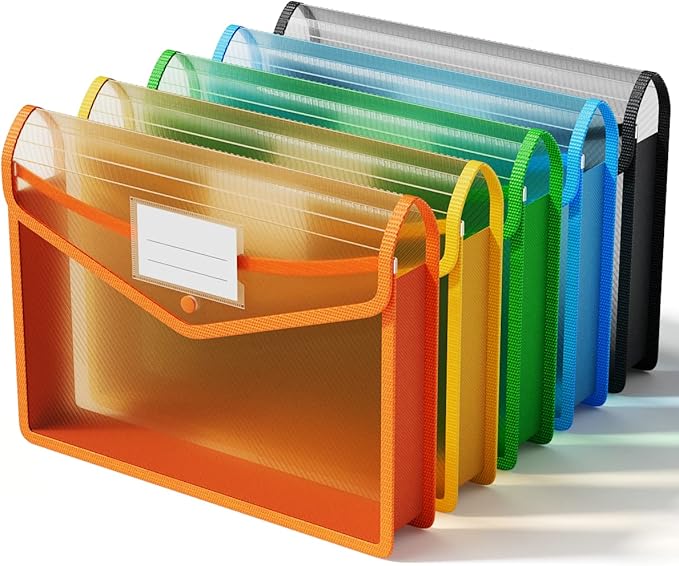 ThinkTex Plastic Expanding File Folder, Transparent envelopes with Snap Closure, No Dividers, Large Capacity, Assorted Colors, Fit Letter/A4 Size - 5 Packs