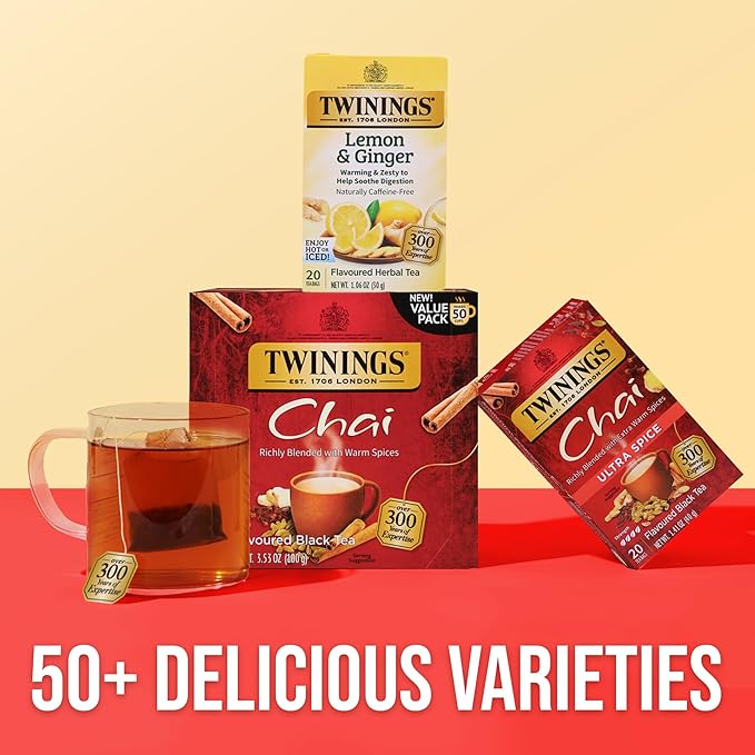Twinings Chai Black Tea Individually Wrapped Bags, 50 Count (Pack of 6), Sweet, Savoury Spices, Caffeinated, Enjoy Hot or Iced, 300 Teabags