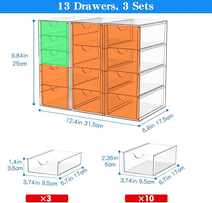 ARSTPEOE Acrylic Makeup Organizer with 13 Drawers, Bathroom Counter Organizer, Acrylic Organizers, Desk Organizer, Office Supplies, Storage Drawers for Cosmetic, Pencil, Coffee, etc 3 Pack