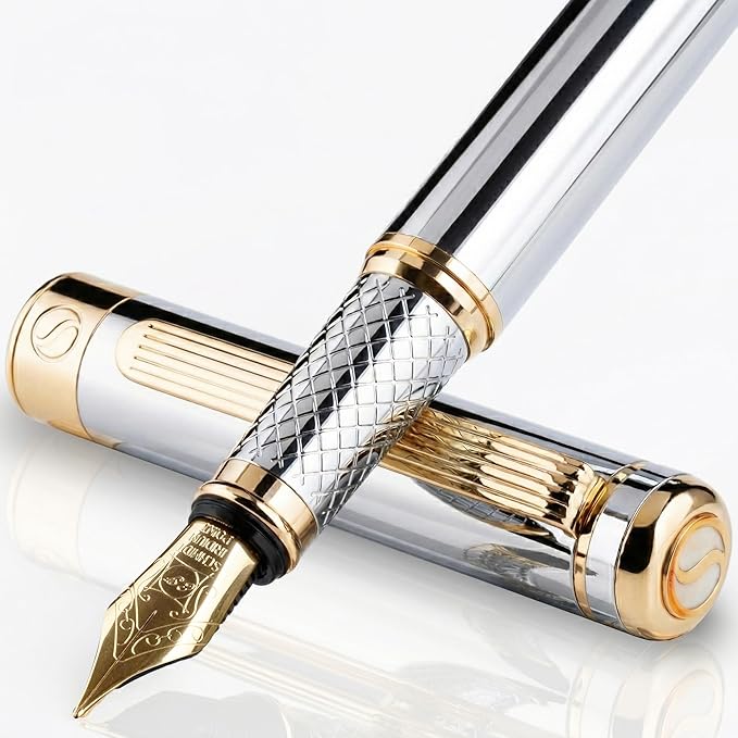 Scriveiner Silver Chrome Fountain Pen - Stunning Luxury Pen, Real Gold Finish, Schmidt Gilded Nib (Extra Fine), Best Gift Set for Men & Women Professional Executive Office Nice Designer Pen