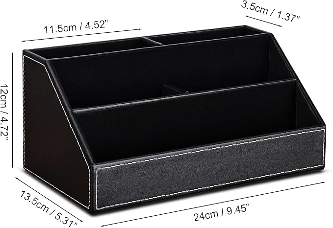 KINGFOM Pu Leather Desk Organizer with 5 Compartments Holder, Multi-Functional Office Supplies Storage Caddy for Pen/Pencil, Phones, Remote Controller and Desktop Accessorie Black