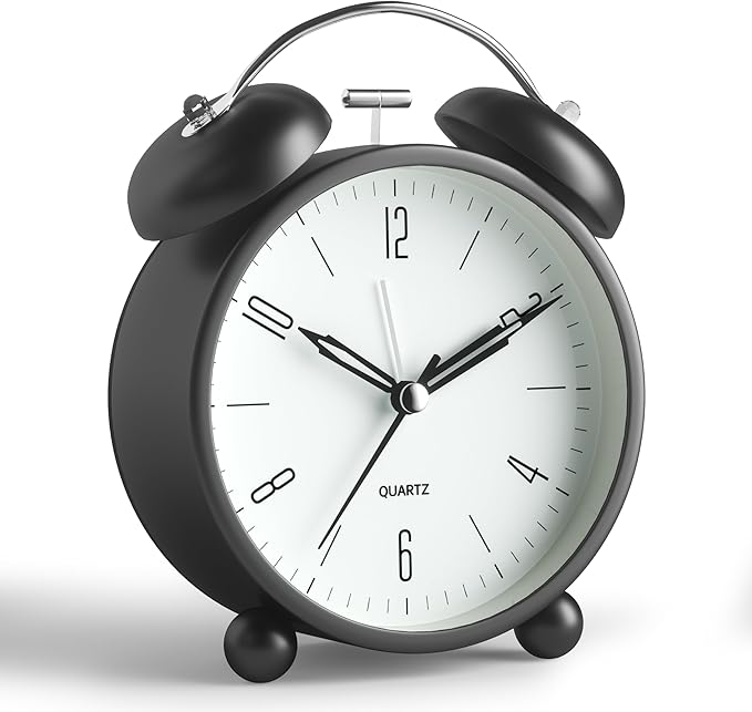 Twin Bell Loud Alarm Analog Alarm Clock, 4 inch Super Silent Non Ticking Small Clock with Night Light, Battery Operated, Simple Design, Old Fashioned, for Heavy Sleeper, Bedroom, Bedside, Desk, Black