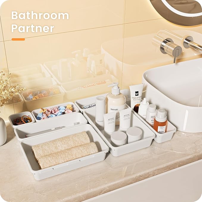 A-LuGei 【𝟮𝟴𝗣𝗖𝗦】 【𝟱𝗦𝗶𝘇𝗲】 White Drawer Organizer, Makeup organizer, 【Holds 177 Items】 Bathroom Organizers and Storage, Plastic Desk Organizer Divider, Organizer Bins for Office Vanity