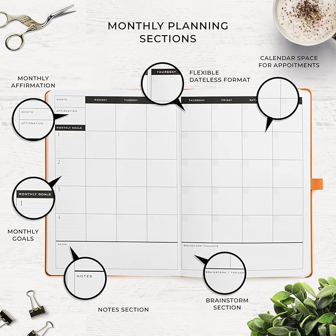 Smart Planner Pro – Undated Daily Planner – Large A4 – Achieve Goals & Increase Productivity with Weekly, Monthly, Work Sections - Organizer Diary with Back Pocket, 3 Satin Bookmarks & Pen Holder