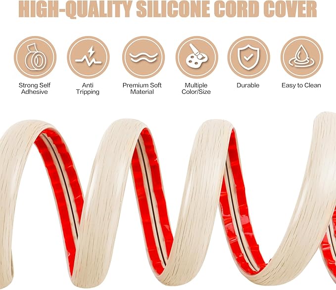 Floor Cord Cover Cavity 0.8"x0.37" Self Adhesive Cord Hider, 10FT Low Profile Cable Management, Extension Strip Protector for Wires, Prevent Cable Trips for Offices, Gyms, Exhibitions (Yellow Wood