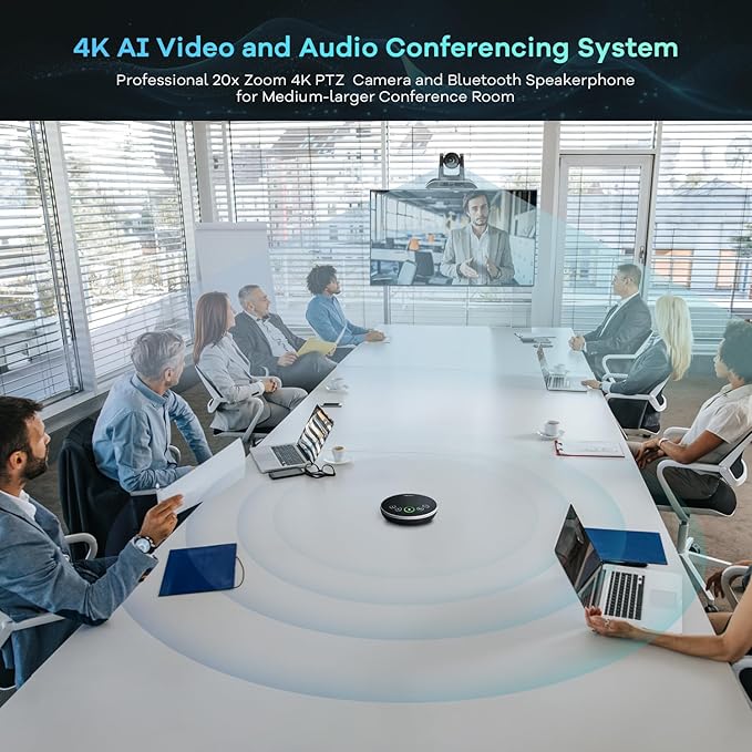 TONGVEO 4K PTZ Conference Room Camera System AI Auto-Tracking 20x Zoom 4K PTZ Camera USB3.0 HDMI LAN outputs and Bluetooth Speakerphone with Microphone for Large Remote Meeting
