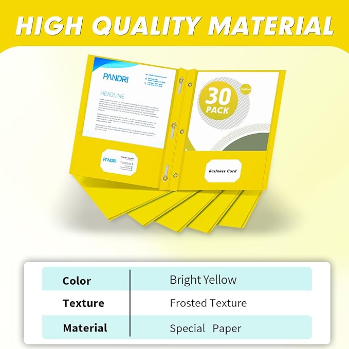 Two Pocket Folders, PANDRI 30 Pack Two Pocket Folders with Prongs, 3 Prong Folders Designed for Office and Classroom, Letter Size Yellow