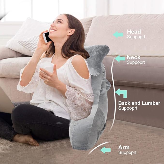 SLIGUY Reading Pillow for Sitting in Bed Couch Adult, Back Pillow with arm Support and Pockets, Adult Back Pillow Bed Chair for Bed Rest, Reading, Watching TV, Gaming for Boys and Girls Light Grey