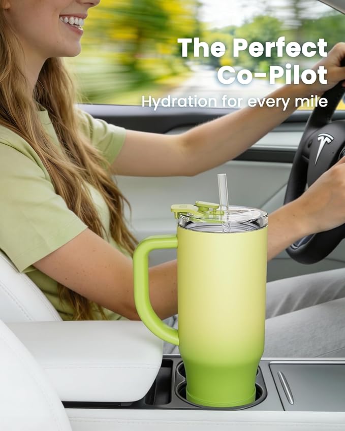 Renoj Tumbler with Handle 100% Leak Proof Insulated Water Bottle for Iced Coffee & Hot Drinks - Fits Car Cup Holder, Ideal Gift, 2 Straws & Silicone Boot BPA-Free - SnapShift Green Gradient 40 oz