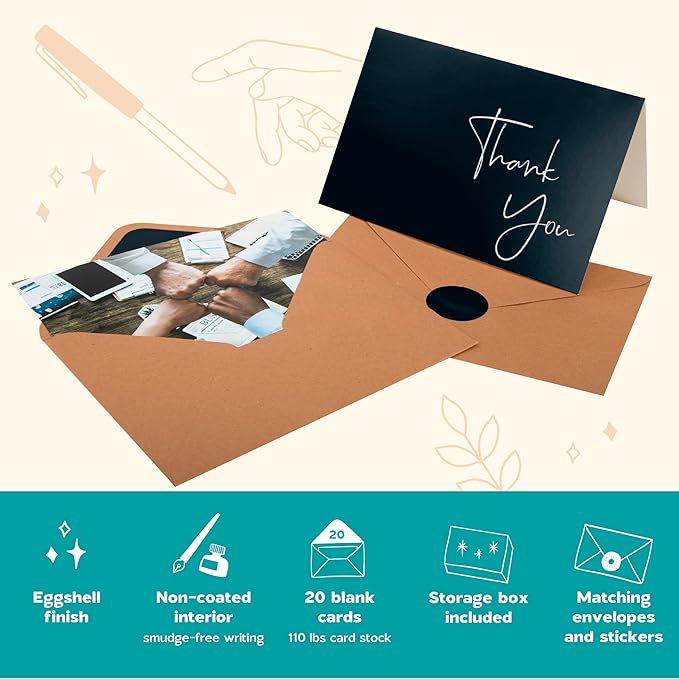VNS Creations 20 Pack Thank You Cards With Envelopes, Stickers, 4x6 Inch Blank Thank You Notes - Bulk Box Set Large Notes for Graduation, Wedding, Small Business, Baby & Bridal Shower - Black