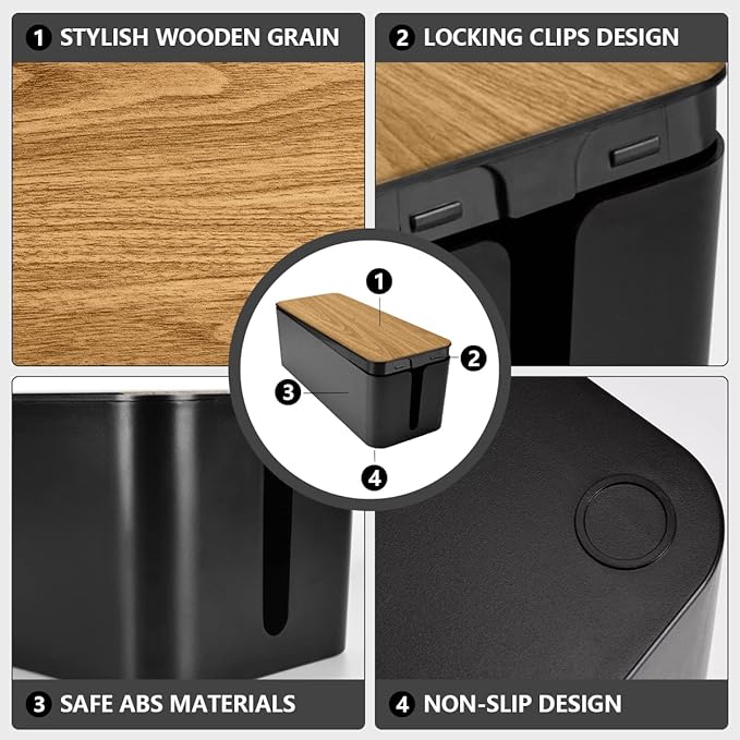 Cable Management Box Large - Wooden Grain Cable Organizer Box to Hide Wires&Power Strips,TV&Desk Computer Wires,with Cable Clips&Reusable Cable Ties for Home&Office(Black)