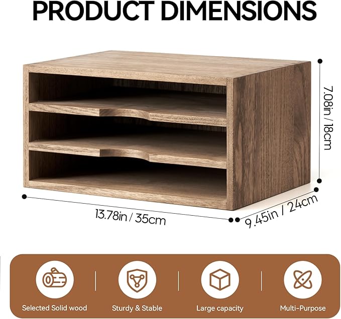 KIRIGEN Wooden Desktop Organizer Paper Storage Letter Tray File Sorter - Desk Rack Magazine File Dividers Holders for Home Office Accessories with 3 Layer Trays Dark Brown (3KWJG-DBR)