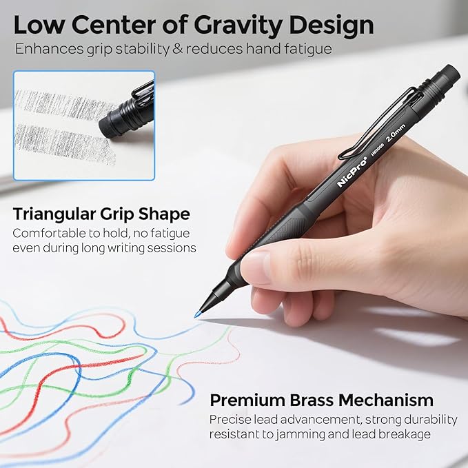 Nicpro 6PCS Weatherproof Mechanical Pencil Set, 3 PCS Art Mechanical Pencils 0.5 mm & 0.7 mm & 0.9 mm & 3 PCS 2mm Lead Holder (6B 4B 2B HB 2H 4H Colors) For Outdoor For Writing, Sketching Drawing