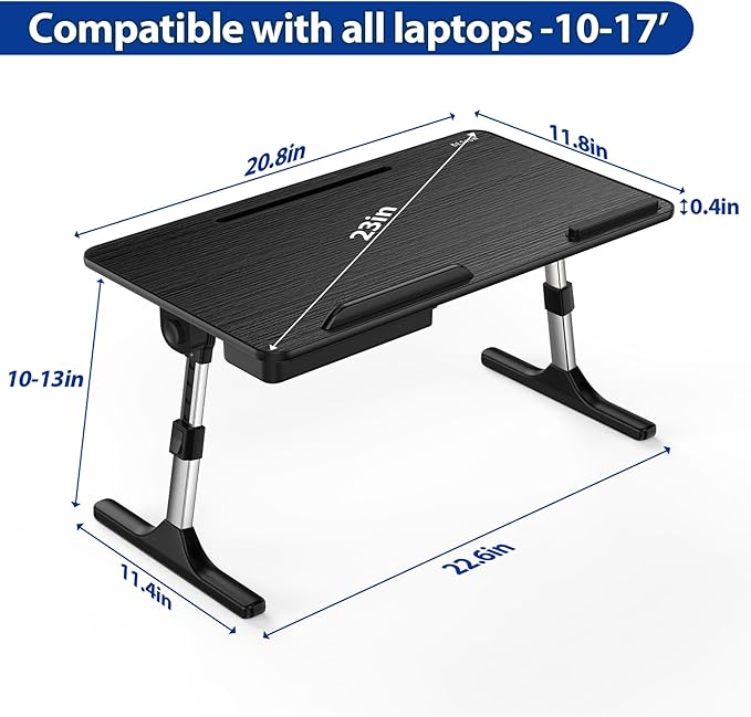 Besign LT05 Adjustable Laptop Table, Lap Desk, Portable Standing Bed Desk, Foldable Sofa Breakfast Tray, Notebook Computer Stand for Reading and Writing, Medium Size, Black