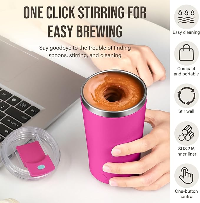 hatisan Self Stirring Coffee Mug With Lid Electric High Speed Self Stirring Mug 400ml Rechargeable Detachable Stainless Steel Self Stirring Cup for Coffee, Milk, Cocoa Christmas Gift(Rose red)