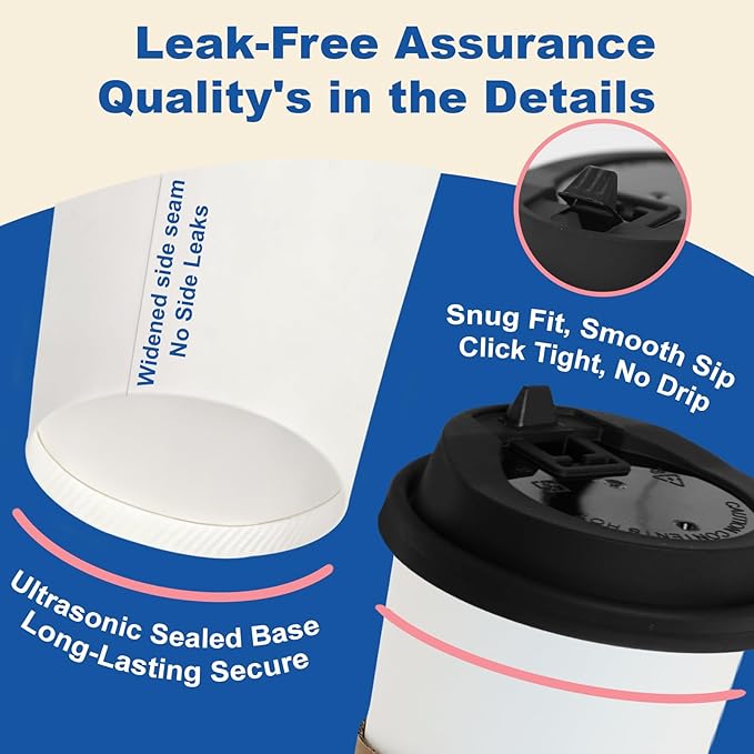 Coolcap 12 oz 500 Pack Coffee Cups with Lids and Sleeves, Straws, Hot Disposable To Go Travel Paper Cups Bulk for Office, Home Coffee Bar Accessories, Chocolate, Cocoa, Beverage (White)