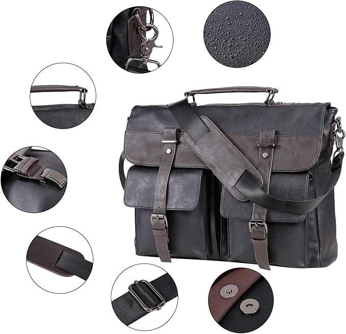 seyfocnia Men's Vintage Black 17.3 Inch Water Resistant PU Leather Laptop Bag, Messenger Bag, Satchel, Briefcase