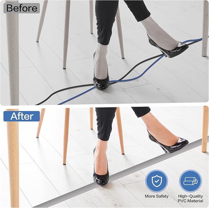 Floor Cord Cover Self Adhesive Cord Hider Floor Extension Cord Covers for Floor Power Cord Protector Cable Management Prevent Cable Trips Cable Cavity 0.59" W x 0.31" H (Grey, 20Ft)