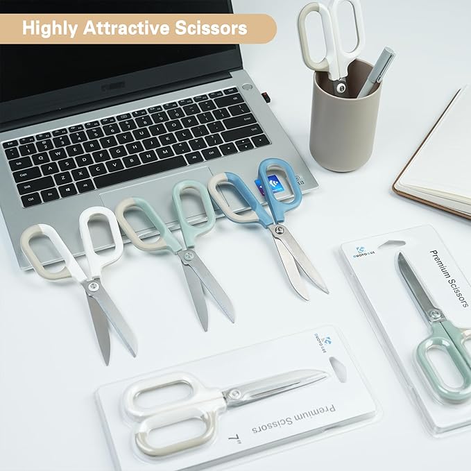 White Office Scissors with Comfort-Grip Handles, Cute scissors, Sharp Craft Scissors for DIY Art, Sewing, Fabric, Student, Teacher, and Home Use(7", White-1Pack)