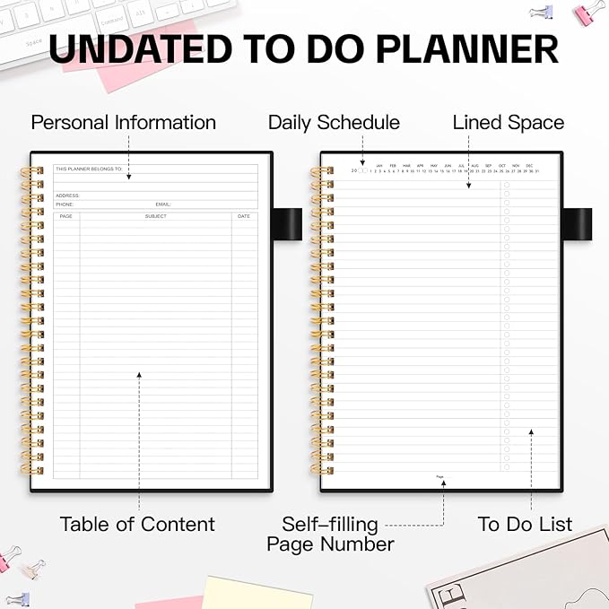 ALLTREE To Do List Notepad Spiral Planner, Daily Task Tracker with Wide Lined Notebooks, Work Planner with Pocket, Pen Loop, 160 Pages, Black (5.5"x8.5")