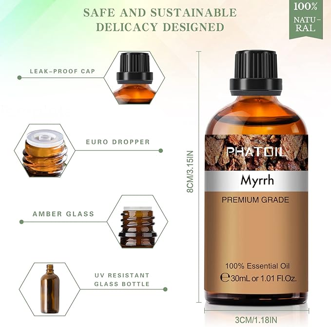 Myrrh Essential Oil, 1.01Fl.Oz (30ML) PHATOIL Pure Essential Oil Singles for Aromatherapy Diffusers, Humidifiers, Great for DIY Candle and Soap Making, Gift for Friend