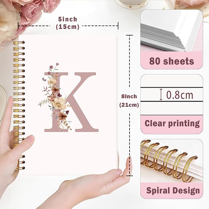 Lacama Pink Wildflower Initial Letter K Notebook Journal, Aesthetic Personalized Spiral Notebook, Customized Monogrammed Gifts, Birthday Gifts for Women, School Supplies， Office Supplies 5.5x8.3