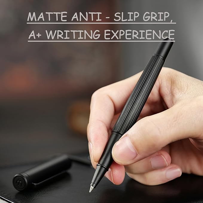 BEILUNER Lighthouse series Rollerball pen, matte black pen body, exquisite vertical lines, Schneider 850 refill, suitable for men, office, professionals, exquisite and chic designer pen