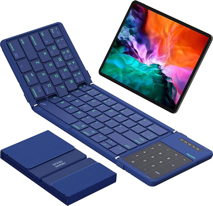 Nillkin Foldable Bluetooth Keyboard with Touchpad & Number Pad, Portable Bluetooth Keyboard with Full Size Keys, Pocket-Sized Wireless Travel Keyboards for iPad, Smartphone, Tablet and Laptop Blue
