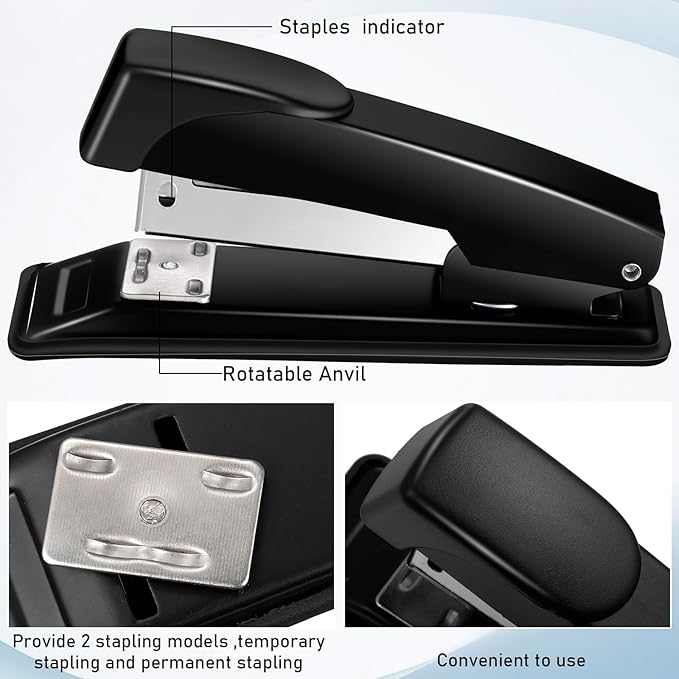 Thenshop 6 Pcs Desk Staplers Tape Dispensers Sets Black Staplers for Desktop Office with Standard Staples Black Holder with White Tape for Office School