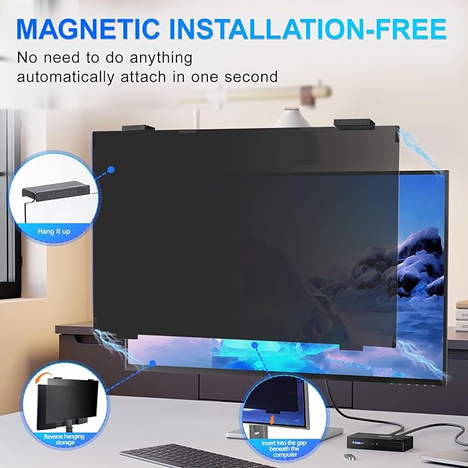 GUDTEKE 2Pack Magnetic 24 Inch Privacy Screen for Computer Monitor 16:9 Aspect Ratio, Hanging Removable Anti-Blue/Glare Protector Film, Anti Spy Desktop Security Private Filter 24in