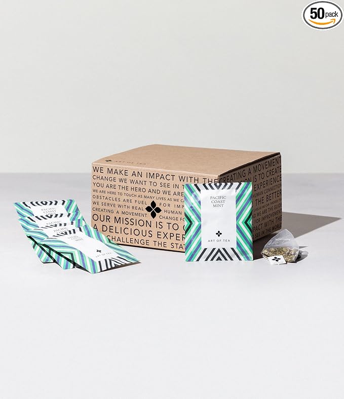 Art of Tea | Organic Pacific Coast Mint (Naturally Caffeine Free) | 50 Eco Friendly Pyramid Peppermint Tea Bags | Herbal Tea Bags