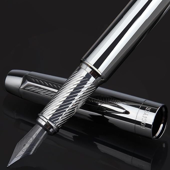 BOCIYER Fountain Pen with Fine Nib & Black Ink, Refillable & Elegant Bent Nib Design, Calligraphy Pens for Writing, Best Fountain Pen for Smooth & Fancy Writing(Grey)